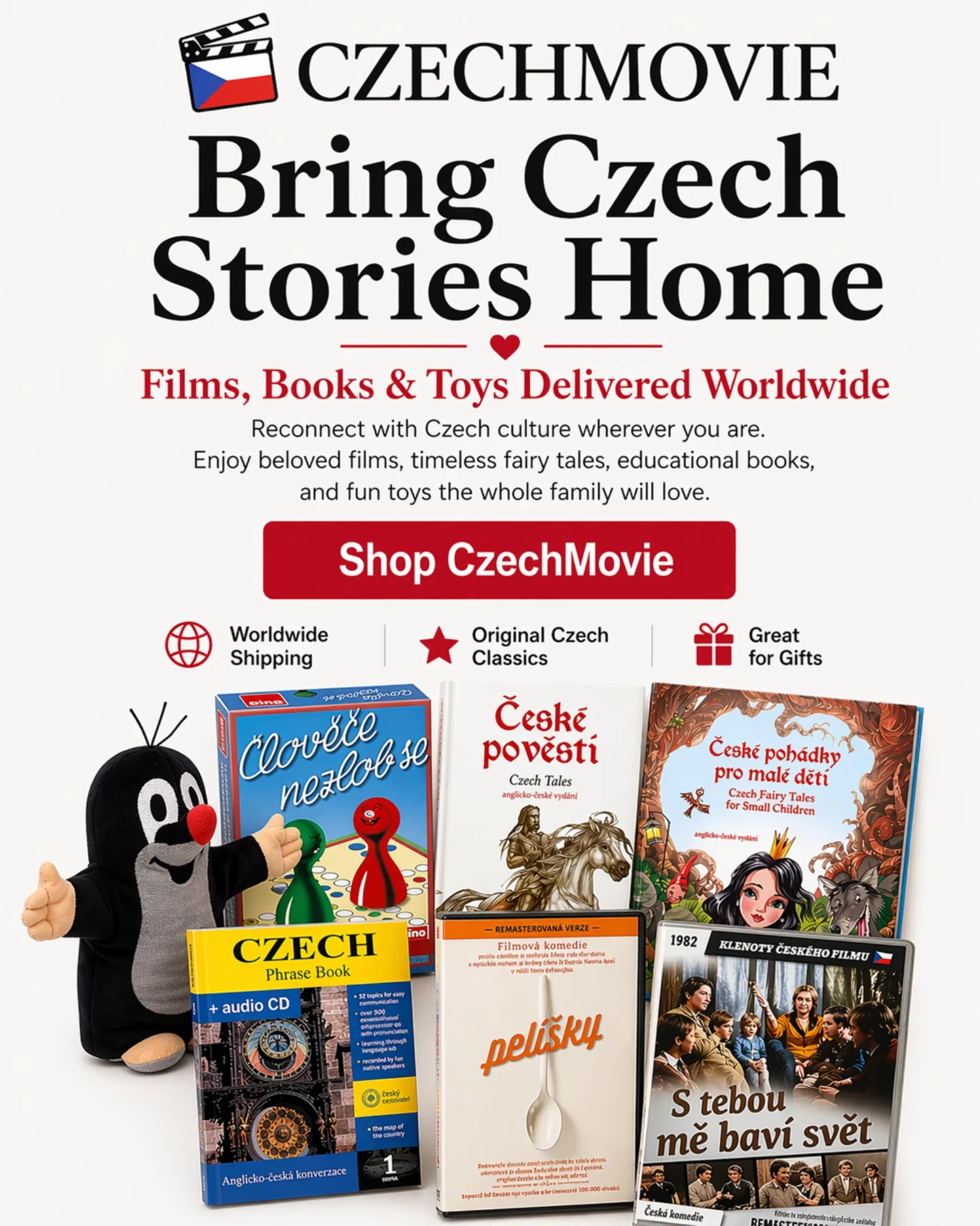 Advertisement for CzechMovie with books, toys, and films displayed.